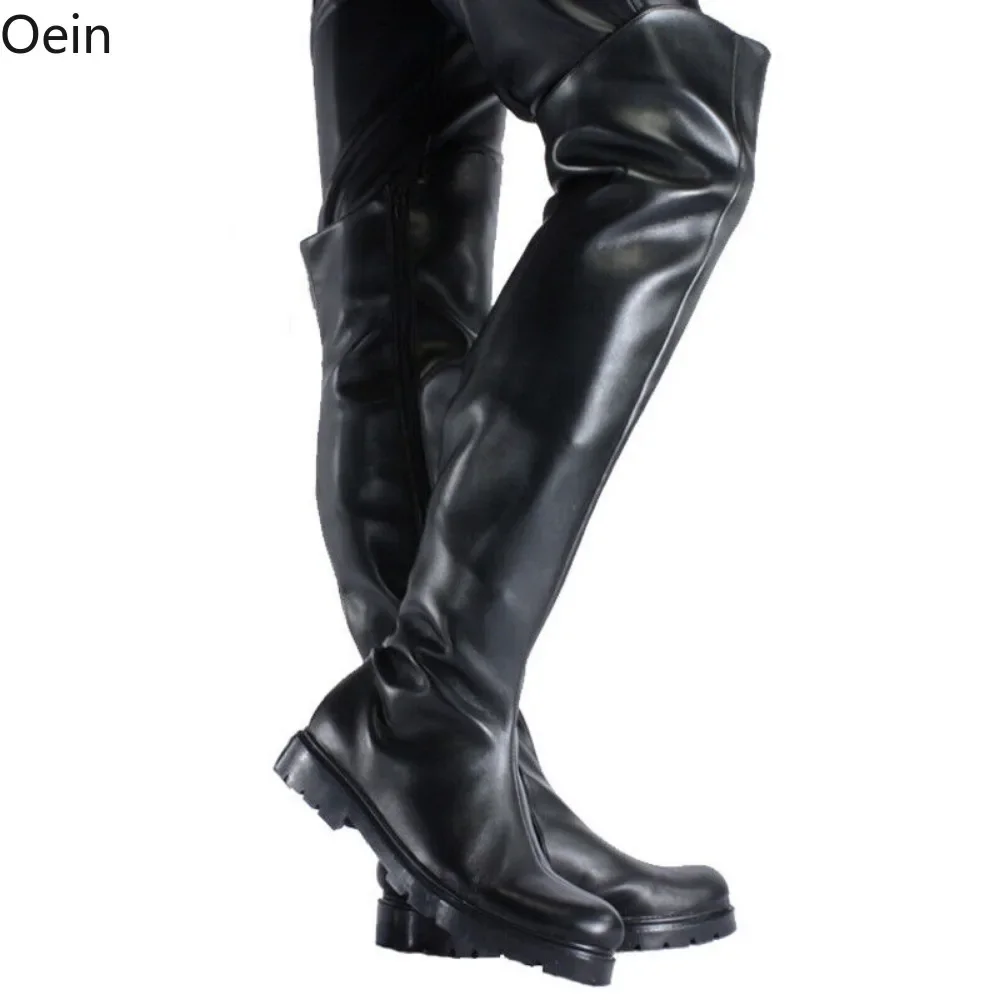 Men\'s Leather Over Knee Riding Boots Zipper Side Round Toe Nightclub Dance Shoes