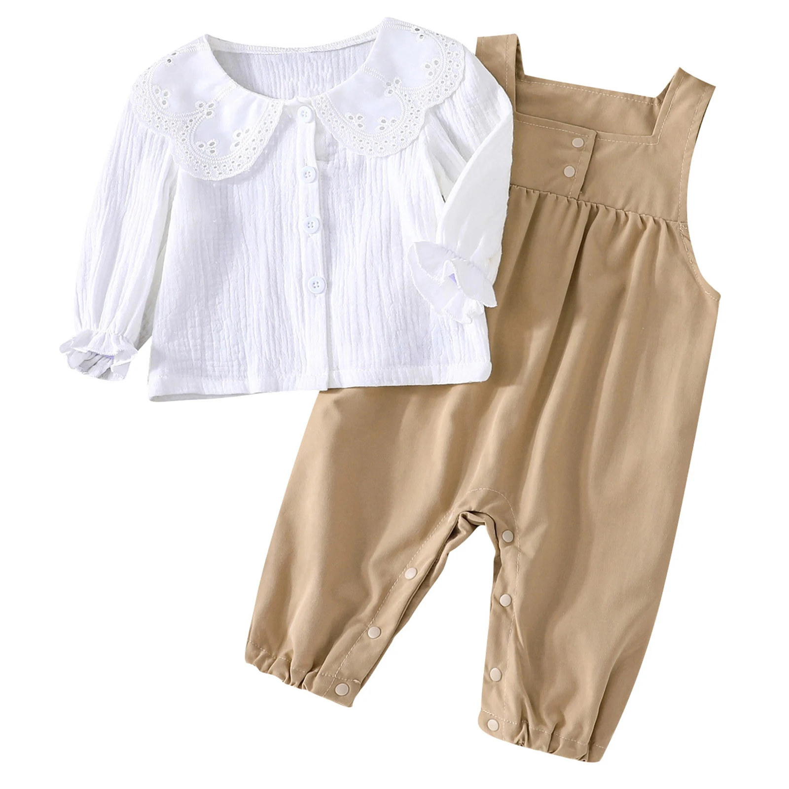 

2PCS Baby Girls Spring Outfits Long Sleeve Doll Collar Tops + Overalls Set Toddler Clothes