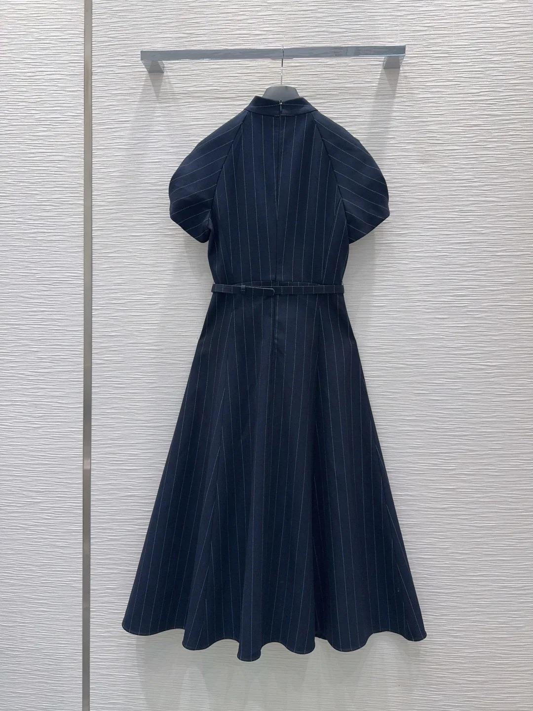 Women Striped Midi Dress Bow Neck Short Sleeve A-line Dress With Belt Elegant Office Ladies Formal Work Dresses