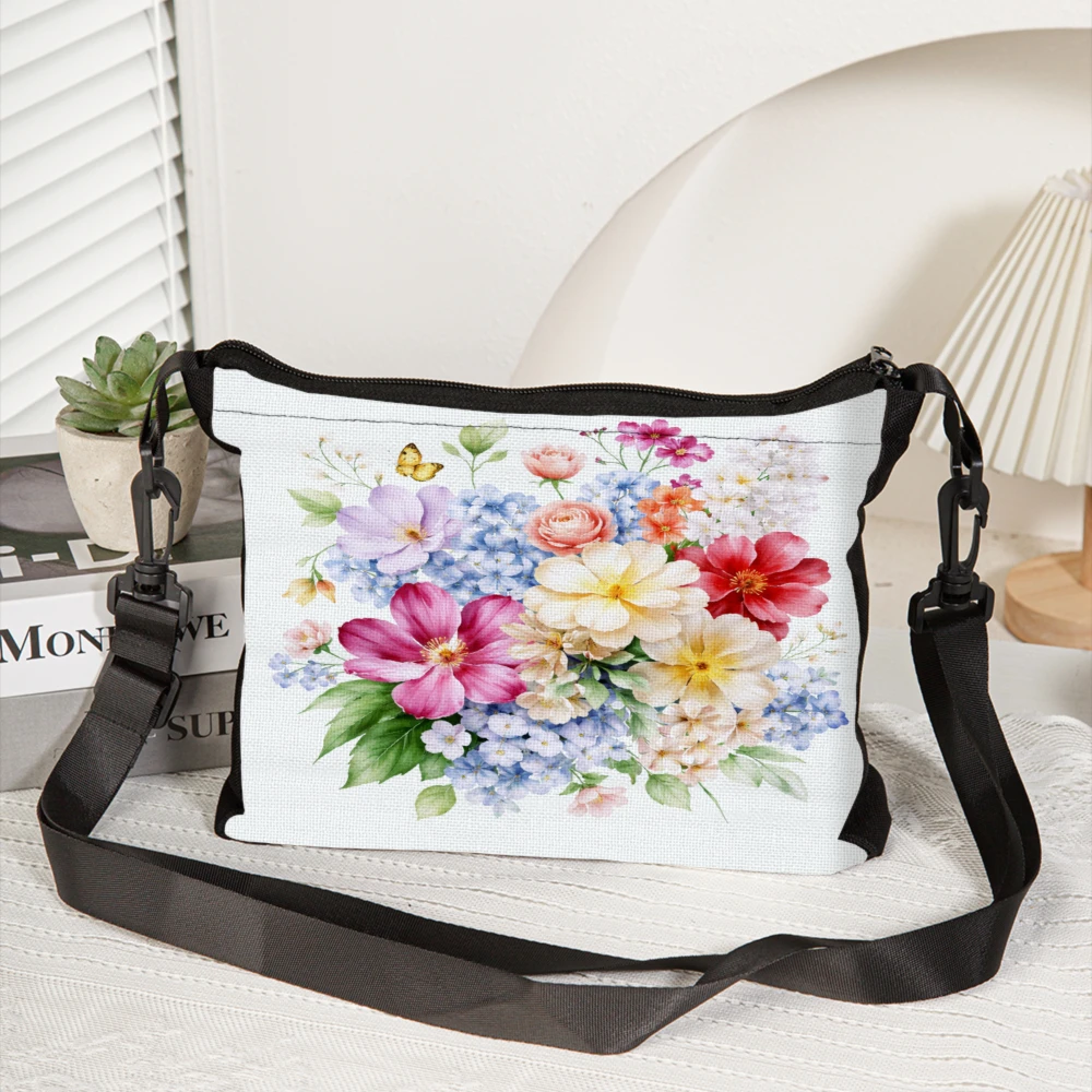 Floral Print Crossbody Bag White Color With Pink Yellow And Blue Flowers And Green Leaves Shoulder Bags For Women Casual Daily U