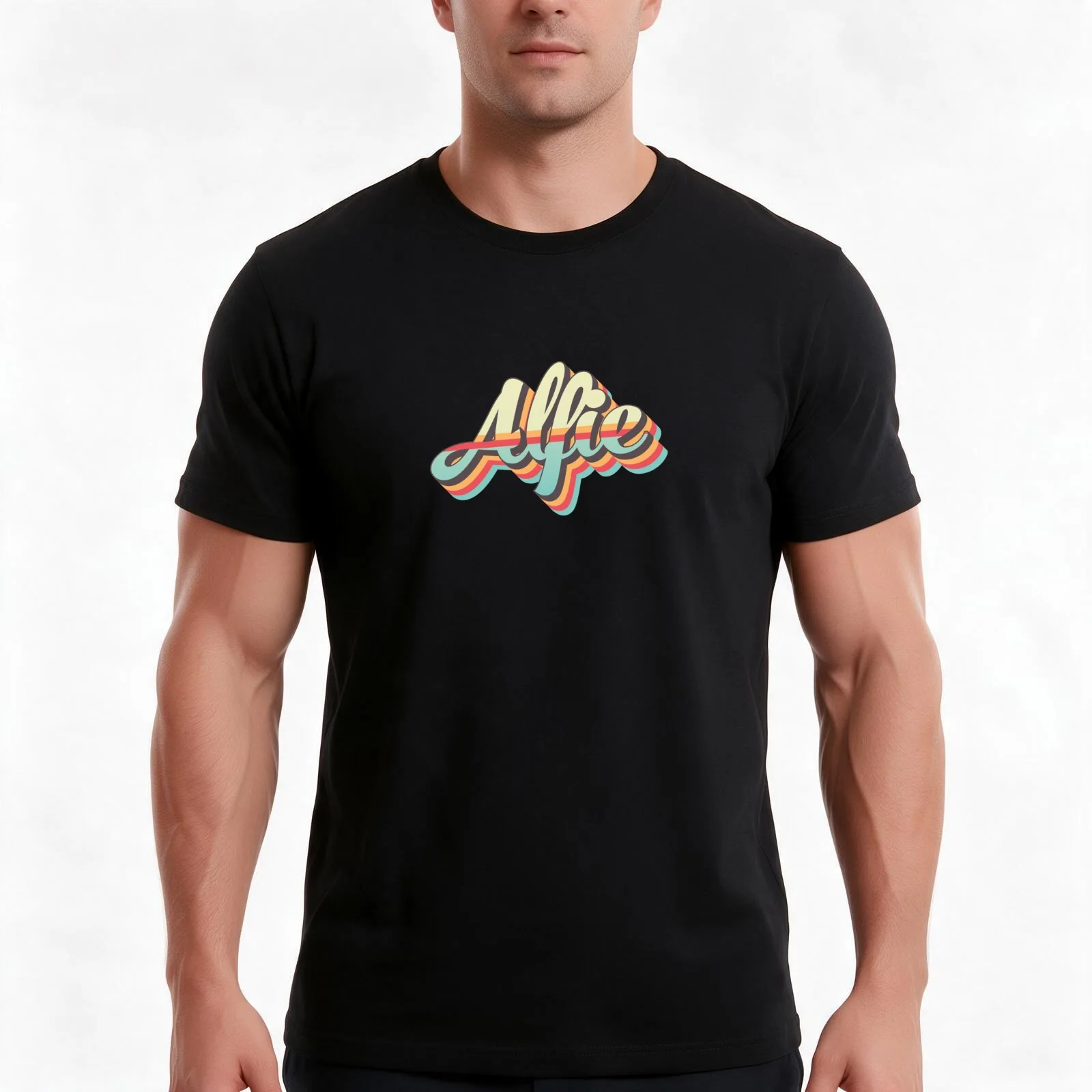 Alfie name - cool 70s retro font surf style design T-Shirt, Summer Casual Cotton Tee, Oversized Streetwear Tops, 100% Cotton
