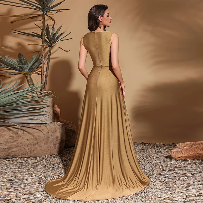 Gold Sleeveless Evening Gown with Lace Appliques High - Slit Satin Prom Dress for Wedding Guest Dress Elegant Formal Party Dress