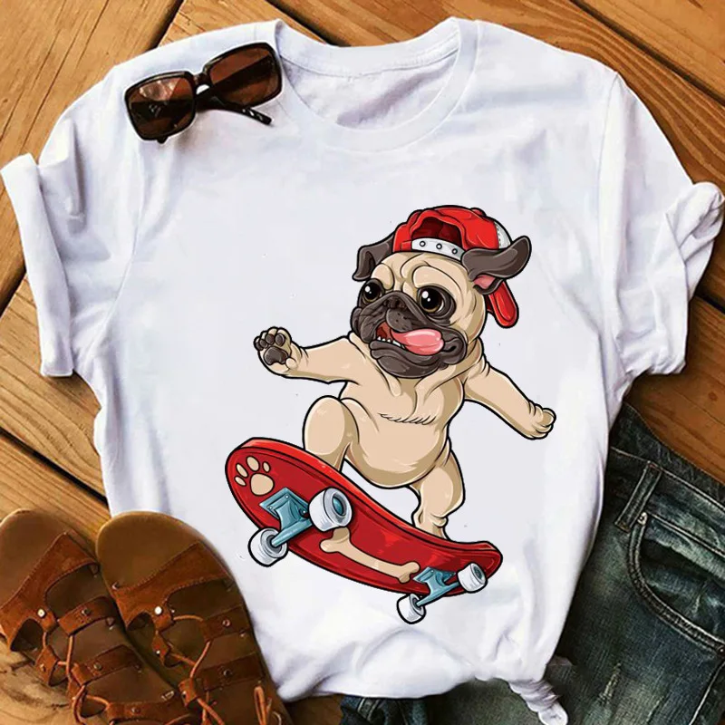 Women Pugs Happy Graphic T‑Shirt Cute Pug Dog Print O‑Neck Short Sleeve Tee Casual Pet Lover Gift Daily Female Tops
