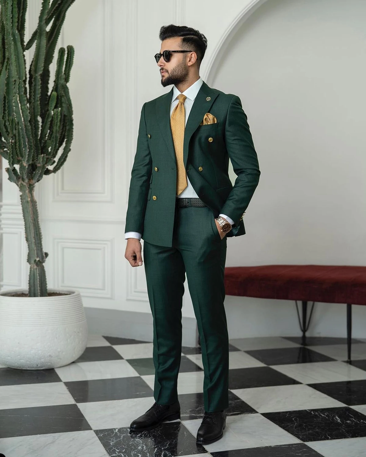 Green Men Suits Tailor-Made 2 Pieces Blazer Pants Double Breasted Peaked Lapel Fashion Business Wedding Plus Size Tailored