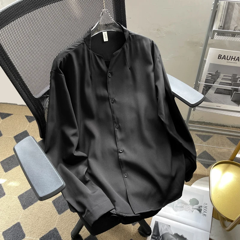Premium Feel Ice Silk Long Sleeve Unisex Neckless Shirt Cool Design Summer Fashion Loose Fit Youthful Style No Ironing Required