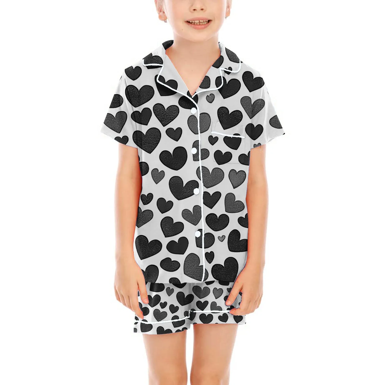 

Children's sleepwear heart-shaped printed short sleeved shorts set comfortable cardigan sleepwear for girls boys home wear set