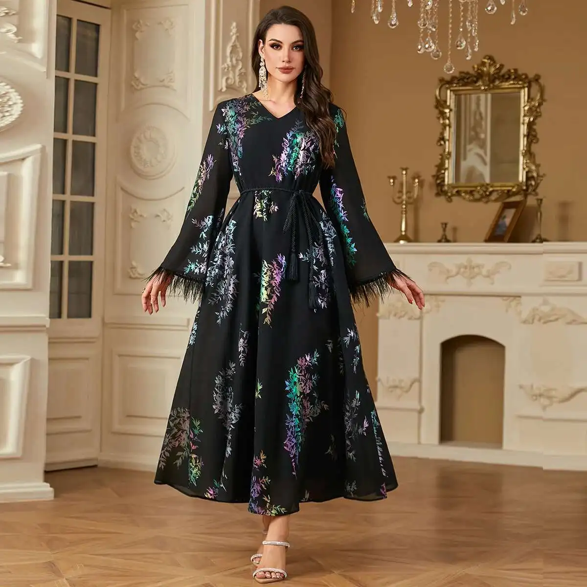 

4239 Muslim Abaya Women's Colorful Fashion Gold Foil Faux Fur V-neck Loose Long Sleeve Dress Ramadan Dubai Luxury Islam Elegant