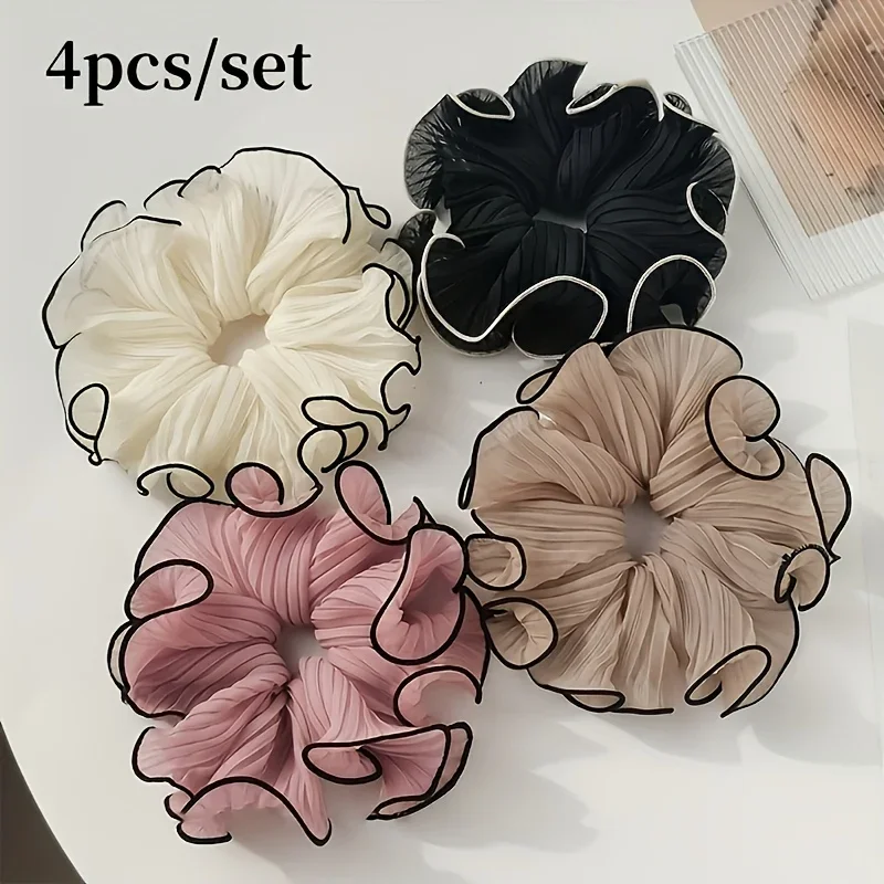 

4Pcs/Set Elegant Fringed Fabric Scrunchies - Solid Chiffon, Ruffled/Tulle/Ribbon Styles, Multi-Color Daily Hair Accessories