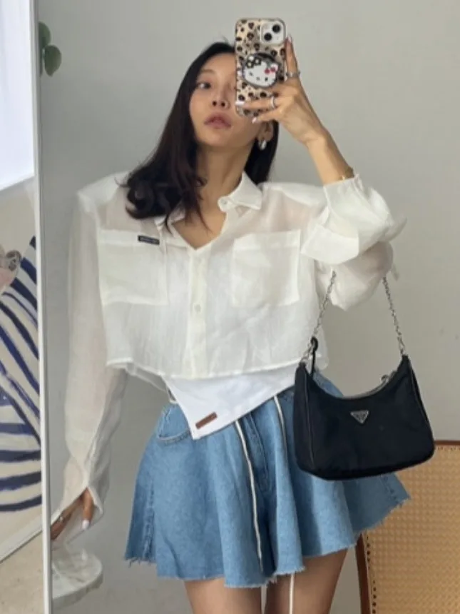 

Весенне-летний женский топ с воротником-стойкой Long Sve irt и кетпами Ba, ажурный дизайн, защита от солнца Tagl Faionable