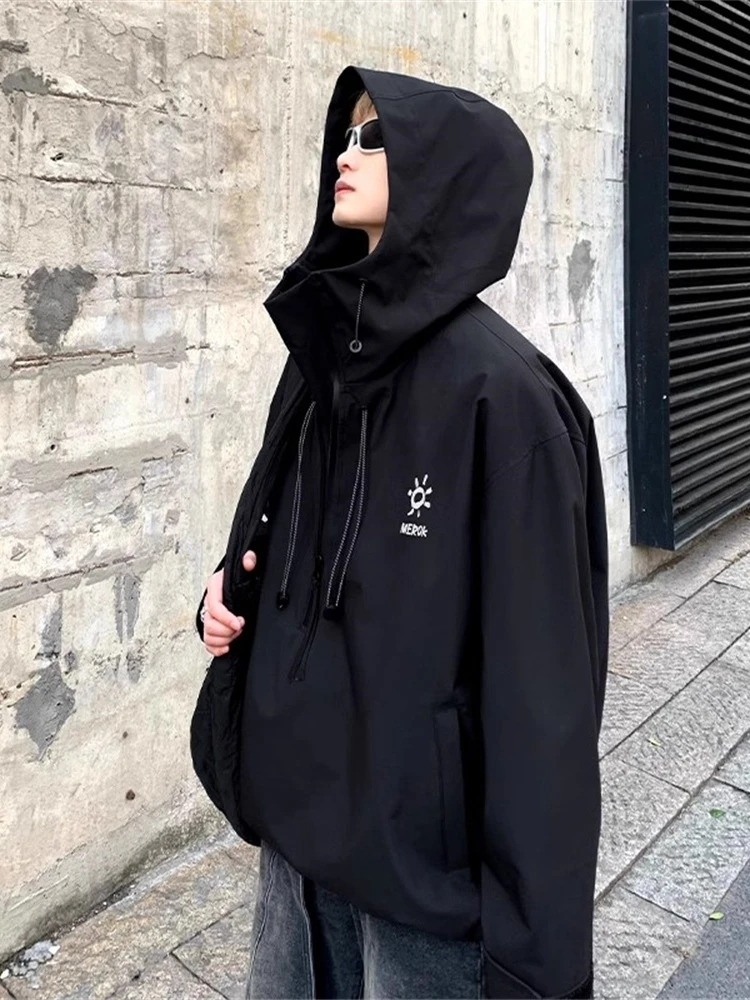 

Bla Hooded Jaet Men's Spring Autumn Loose Fit High Street Trendy Brand Hoodie Zipper Decorated Windproof Outerwear