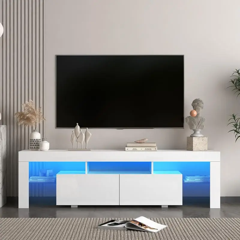 Soporte de TV moderno de alto brillo con iluminación LED para televisores de hasta 65 pulgadas, elegante consola de TV con gabinetes de almacenamiento para sala de estar