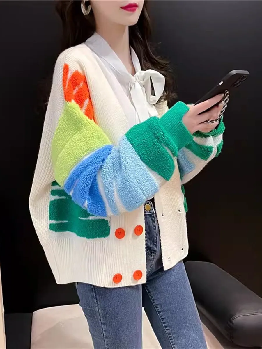 

Colorful Sweater Double-breasted Jacket Women's 2023 New Autumn And Winter Contrast Color Knitted Cardigan Top Trendy