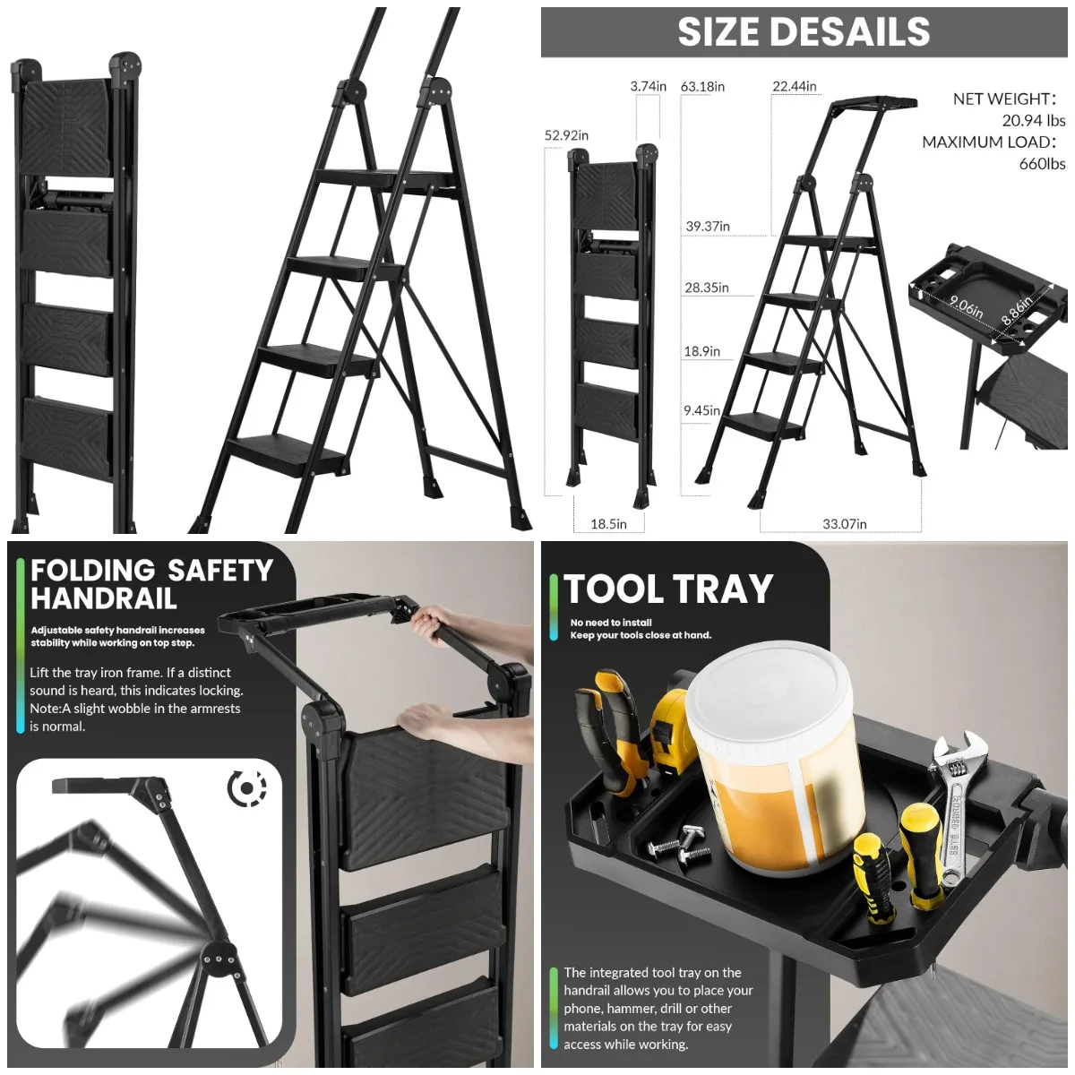 

4-Step Foldable Ladder with Handrail & Tool Tray, Anti-Slip Wide Pedal, 660 lbs Steel Ladder for Home Kitchen and Outdoor