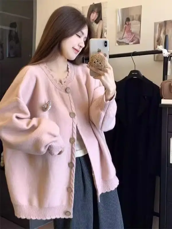 

Новый осенне-зимний простой свитер для женщин в Японии, милая кружевная универсальная куртка, милый вязаный кардиган, модный