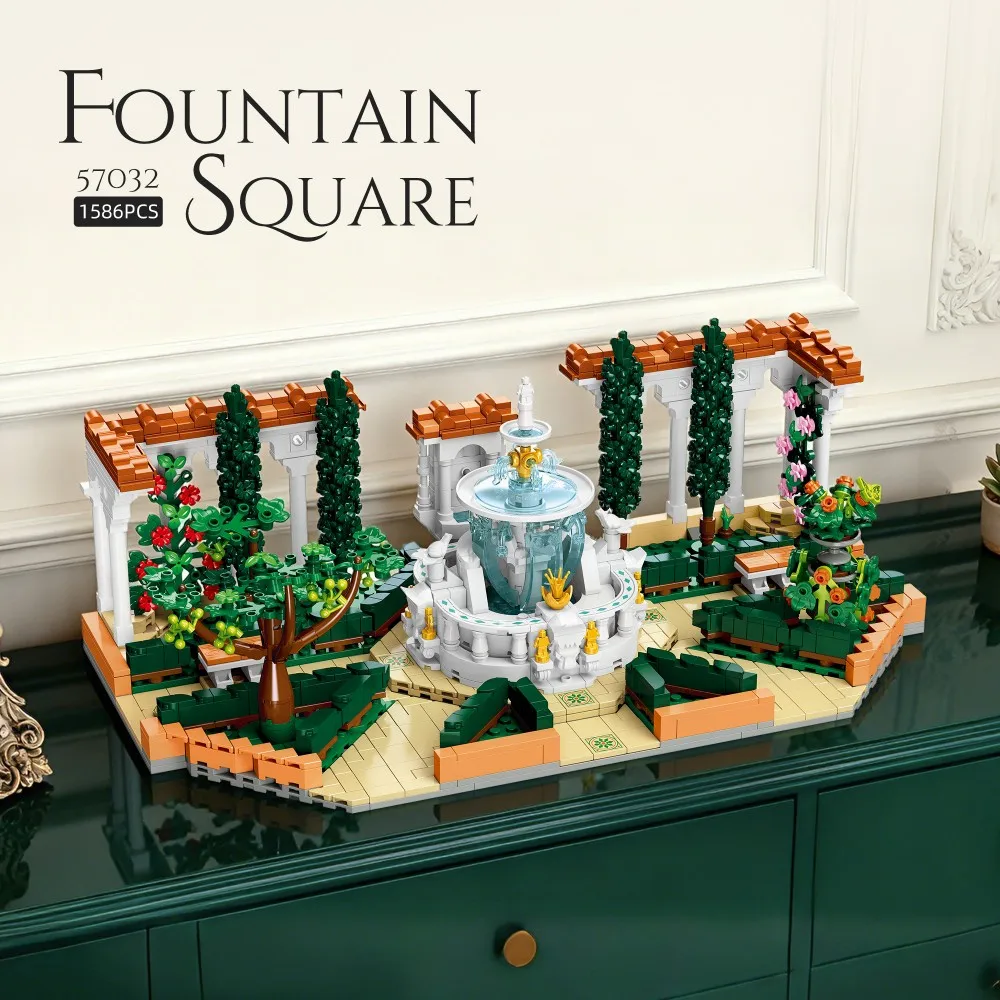 European Fountain Garden Architecture Building Set - Classic Landscape Model with Plants & Plaza, DIY Display Art for Adults