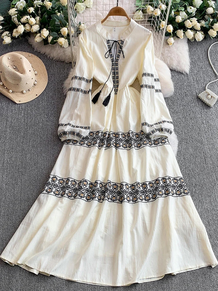 

Женское осеннее платье с длинным рукавом в стиле ретро в этническом стиле с рукавами-пузырьками и бантом с v-образным вырезом и вышивкой, однобортное женское платье DS219