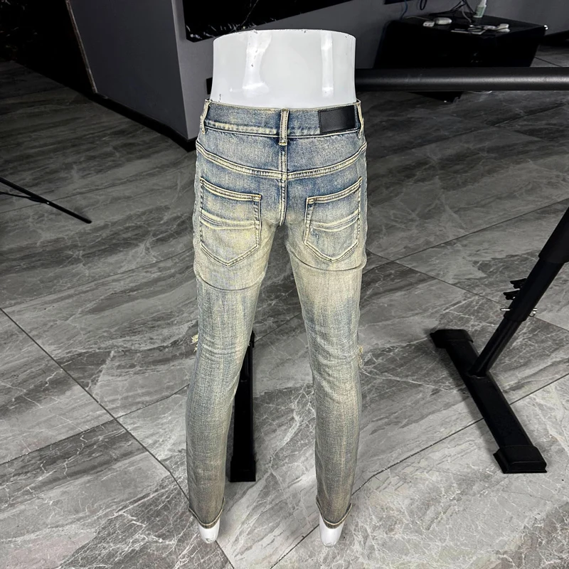 Men Yellow‑Wash Gradient Ripped Skinny Jeans, Vintage Faded Distressed Denim Pants, Mid‑Waist Stretch Slim‑Fit Streetwear