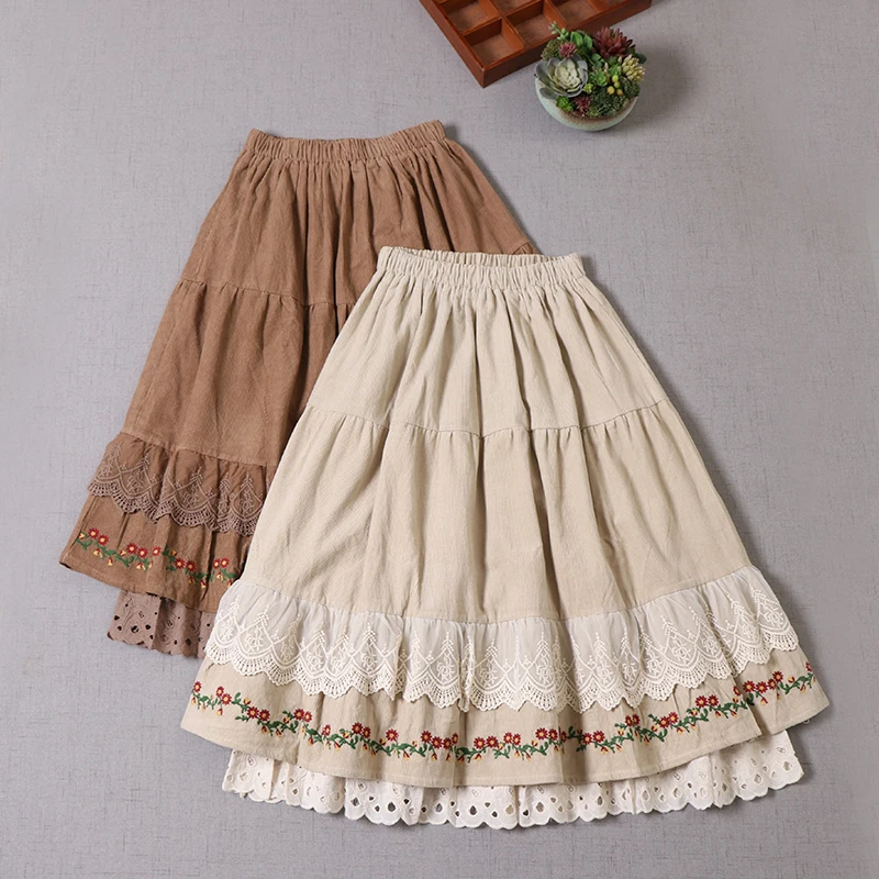 

Free Shipping 2022 New Fashion Long Maxi Skirts Women Elastic Waist Winter Autumn Corduroy Skirt Lace Japan Style Embroidery