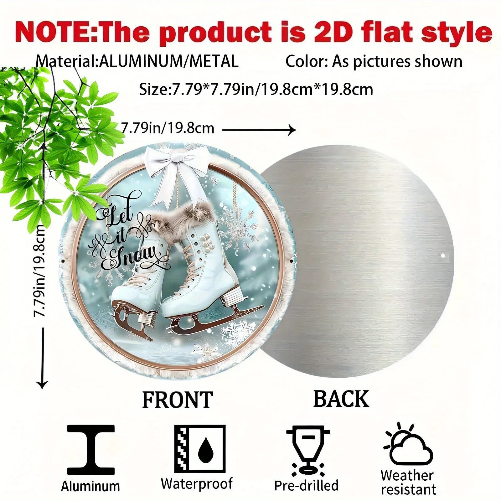 2D Flat - Round Aluminum Metal Sign for Winter Ice Skating, 20.32 cm in Diameter, Perfect for Festive Wall Decor, Lightweight An