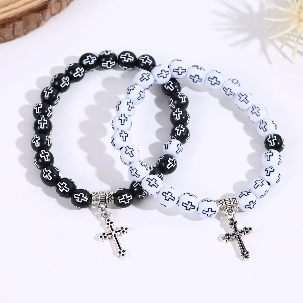 1 PC Black and White Bead Bracelet Creative Design Cross Male and Female Recitation Bead Couple Bracelet DIY Party Jewelry Gifts