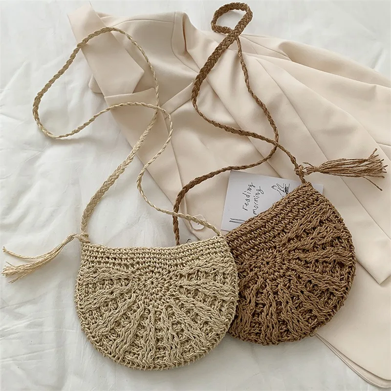 New Half Round Straw Bags for Women Summer Beach Rattan Bag Handmade Woven Half Moon Crossbody Handbags Bohemia