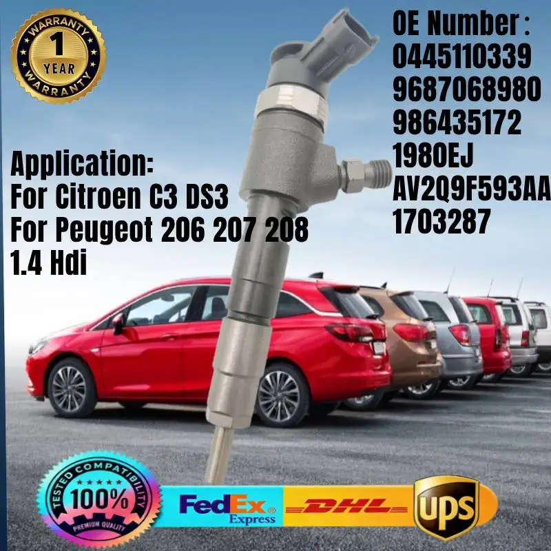 

0445110339 986435172 9687068980 1980EJ Common Rail Fuel Injector for Citroen C3 II DS3 Ford Fiesta Mk6 Peugeot 206 207 208