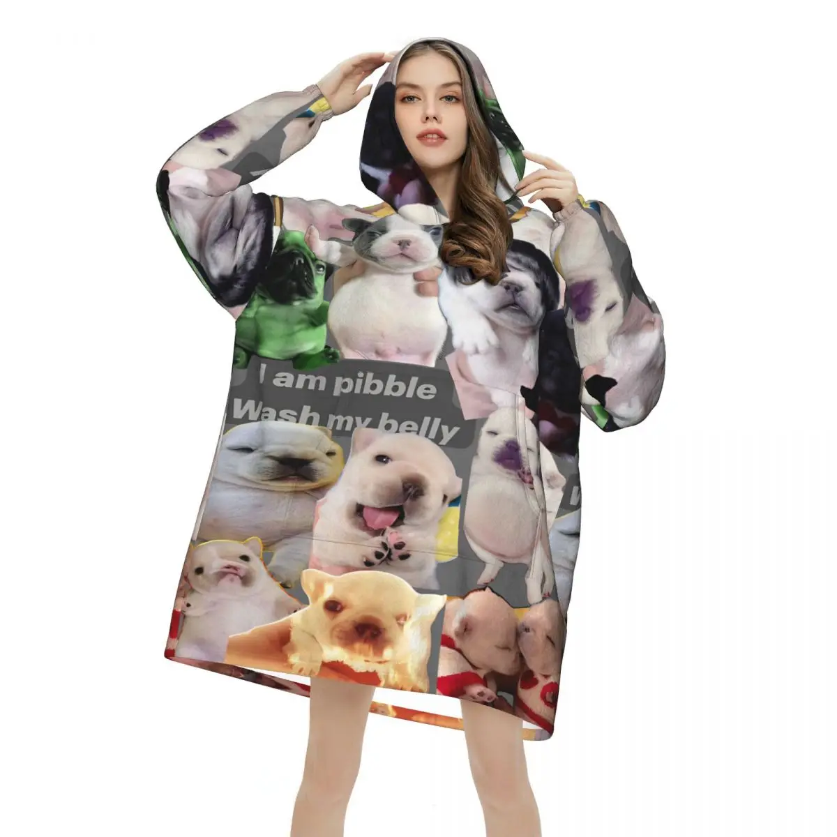 Pibble Meme Wash My Belly Wearable Blanket Hoodie for Women Men Oversized Sweatshirt Blanket with Pocket