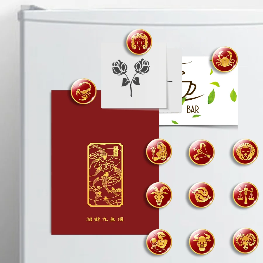 Chinese Style Zodiac Sticker 12 Constellations Fridge Magnet Gold Red Glass Cabochon Magnetic Message Folder Refrigerator Decor