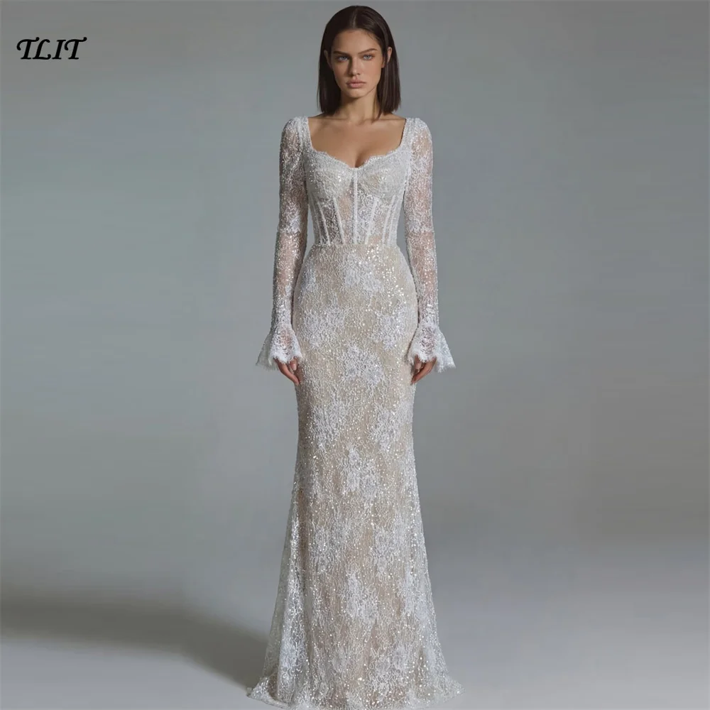 TLIT Exquisite Meerjungfrauen-Hochzeitskleider aus Spitze mit Herzausschnitt, langen Ärmeln, Illusions-Design für die Braut, Robe De Mariée, maßgeschneidert.