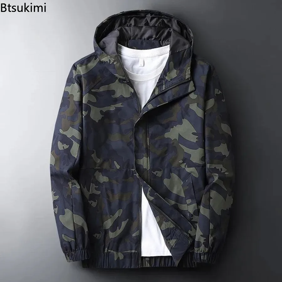 Spring New Men's Bomber Jackets Outdoor Breathable Casual Long Sleeve Zipper Camo Hooded Coats Sportwear Tops for Men Streetwear