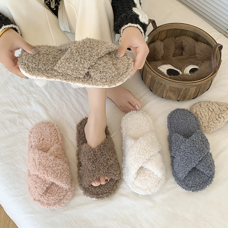 Fluffy Warm Cotton Slippers Lightweight Gentle Fabric Upper Cushioned Insole Anti Skid House Footwear for Indoor Lounge Use