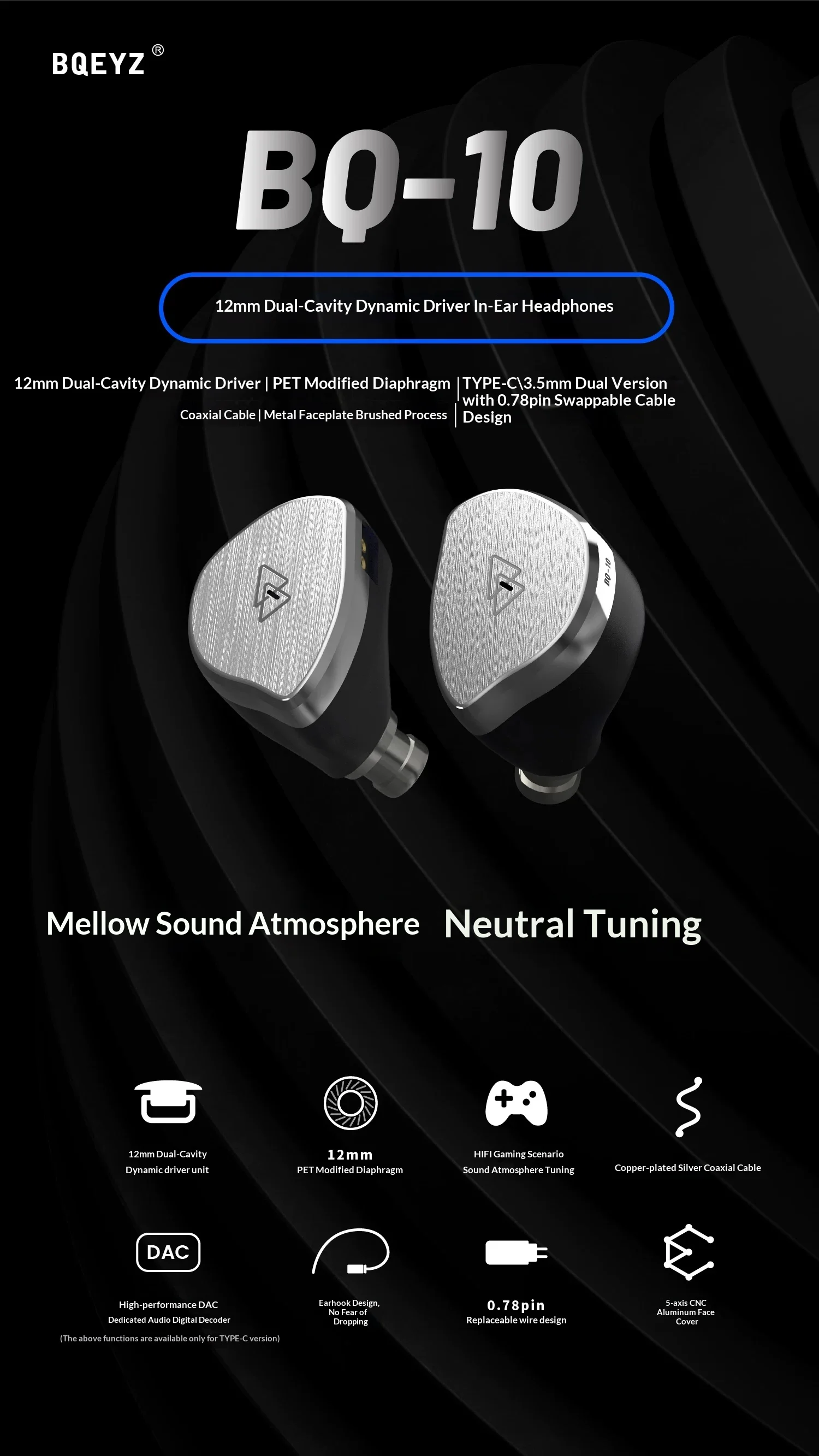 BQEYZ BQ10 Wired Headset Double Cavity Moving Coil Unit Esports Headset New Type PET Modified Diaphragm Light Weight For Gifts