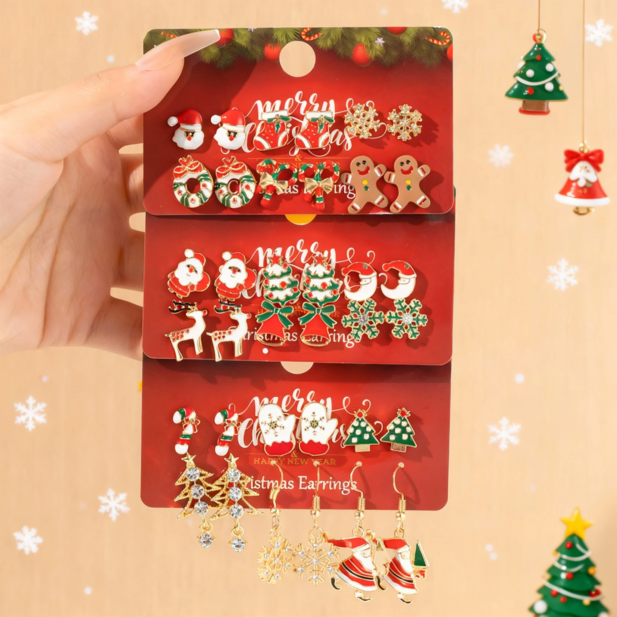 Cute Christmas Gingerbread Snowflake Earrings Set for Women 12 pcs Santa Claus Christmas Tree Bell Earrings New Year Jewelry