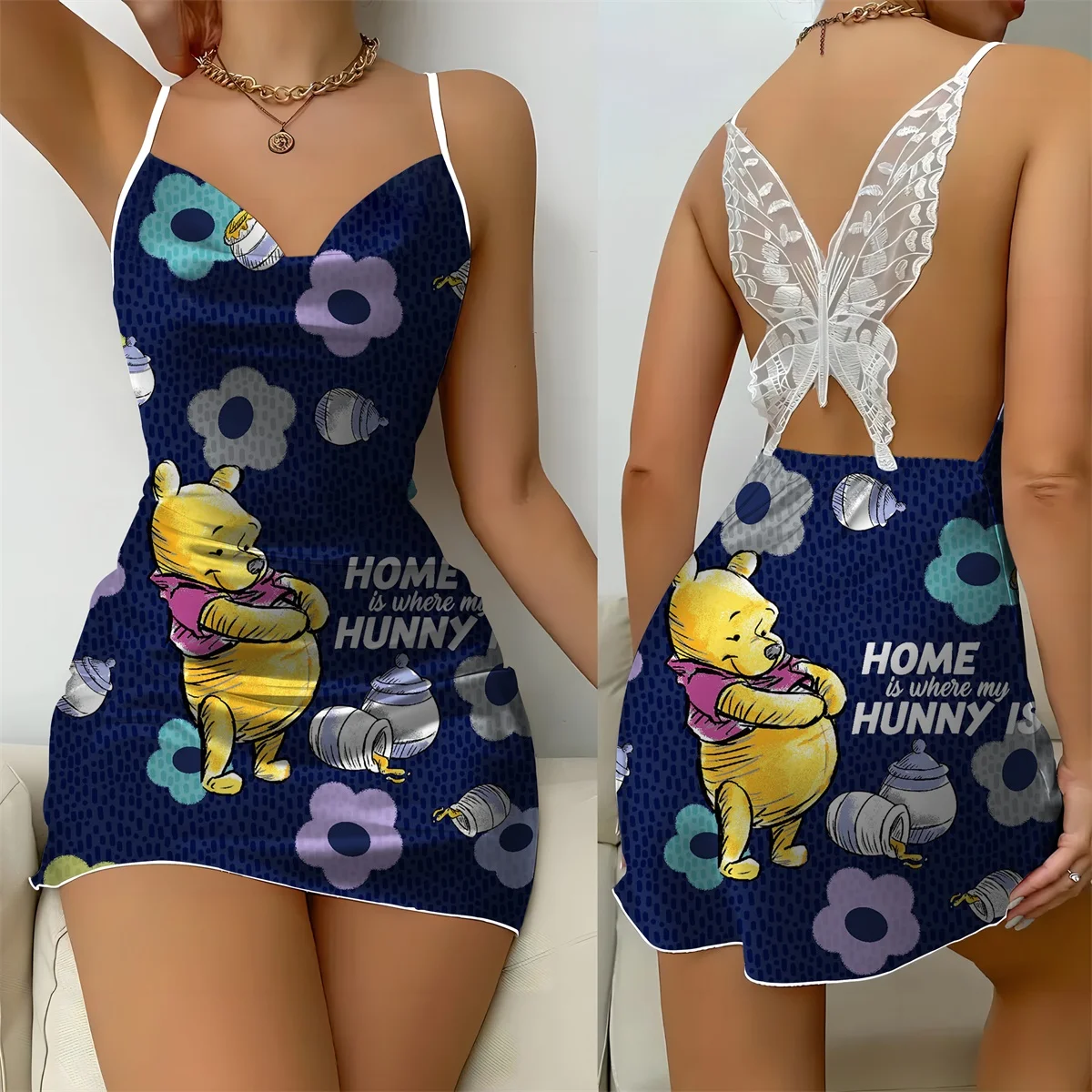 

Women's Pajamas Disney Winnie the Pooh Print Sexy Butterfly Backless Nightgown Soft and Comfortable Home Nightdress Clothing