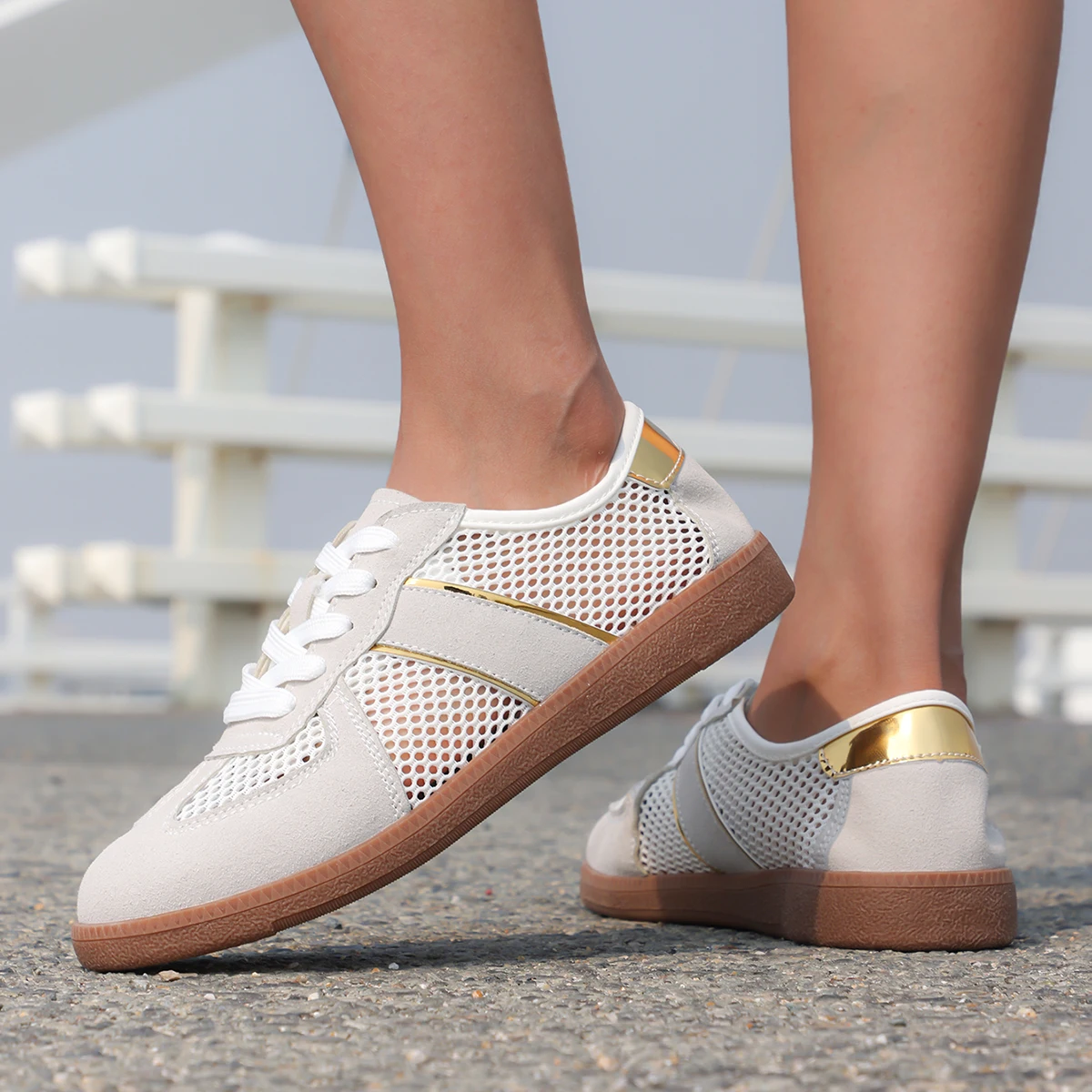 

Women's Sneakers 2025 New Mesh Leather Ladies Moral Training Shoes Hollow Out Casual Spring Running Flat Shoes Women 36-43