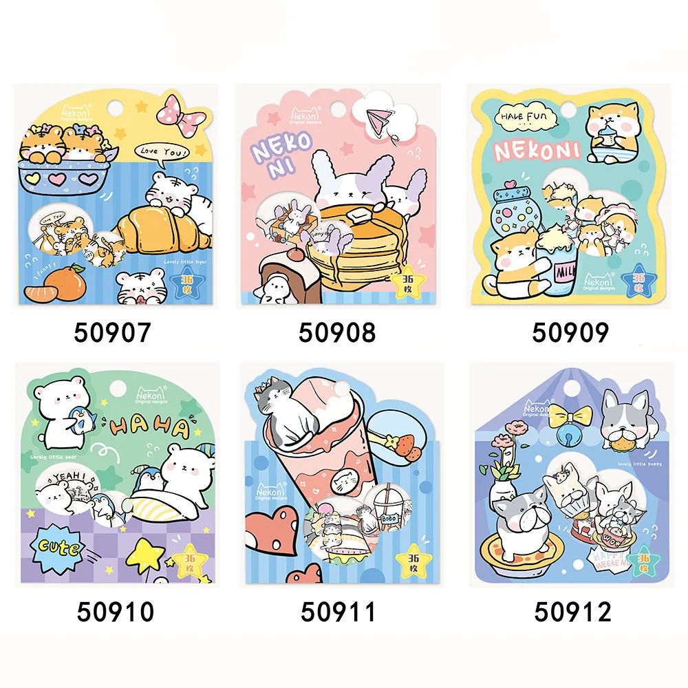 NEKONI Kawaii Suar Candy Animals Snacks Stickers, papelería linda, álbum de recortes, diario Diy, regalo, importación coreana, 36 piezas por juego