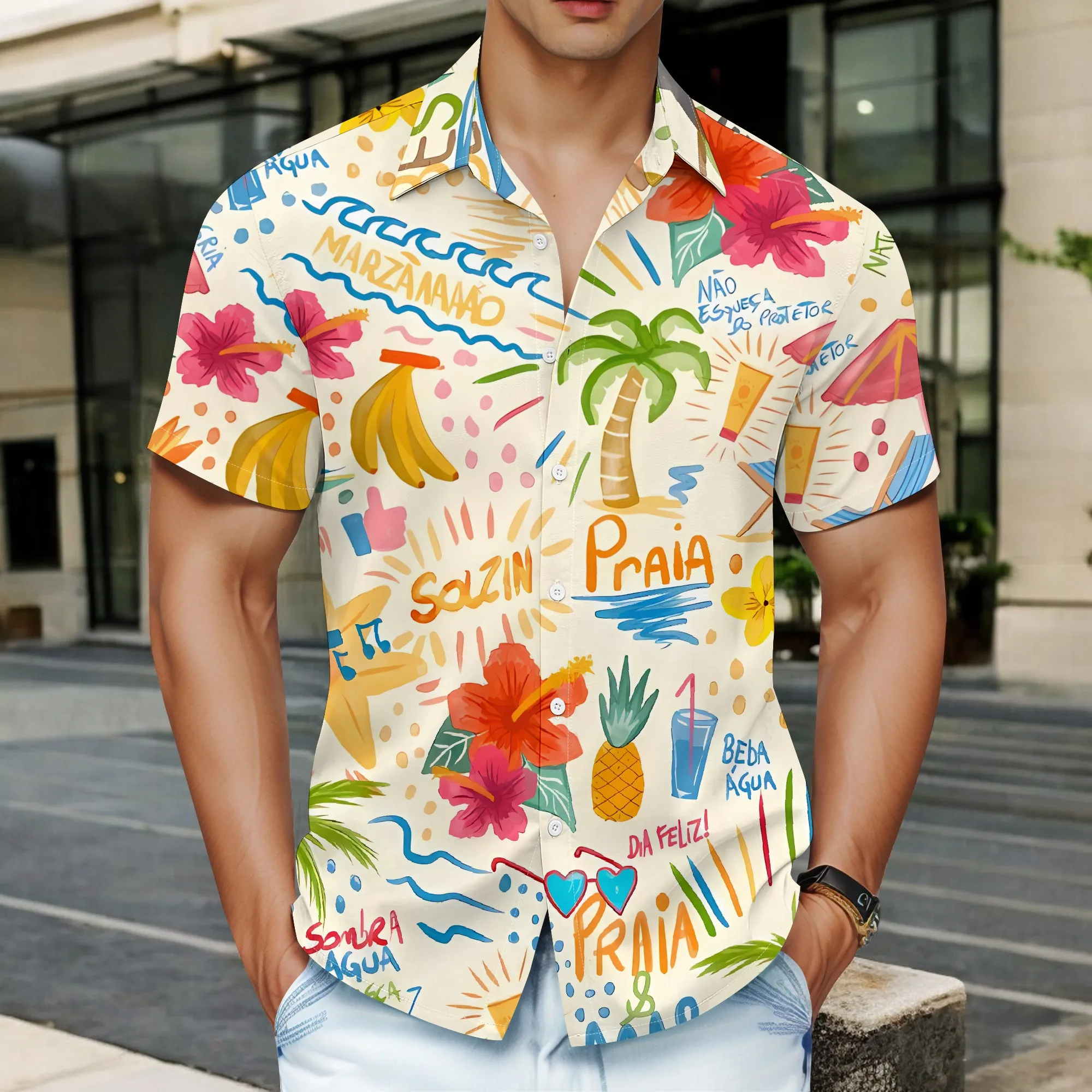 

YEAE Tropical Doodle Print Shirt for Men Summer Casual Short Sleeve Top