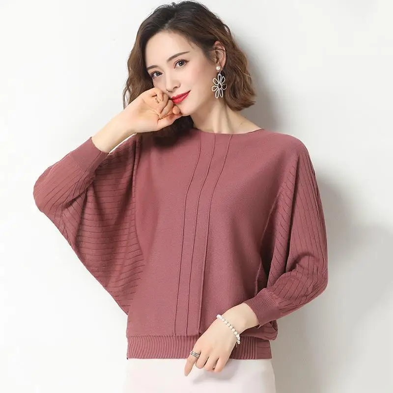 

2024 Spring and Autumn New Bat Sleeve Sweater Female Long-sleeve Round Neck Loose Shirt Paragraph Bottoming Y94