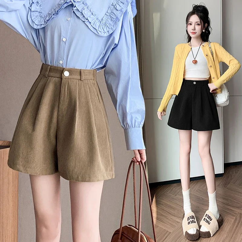 Retro corduroy shorts women's autumn and winter high waisted A-line wide leg casual pants