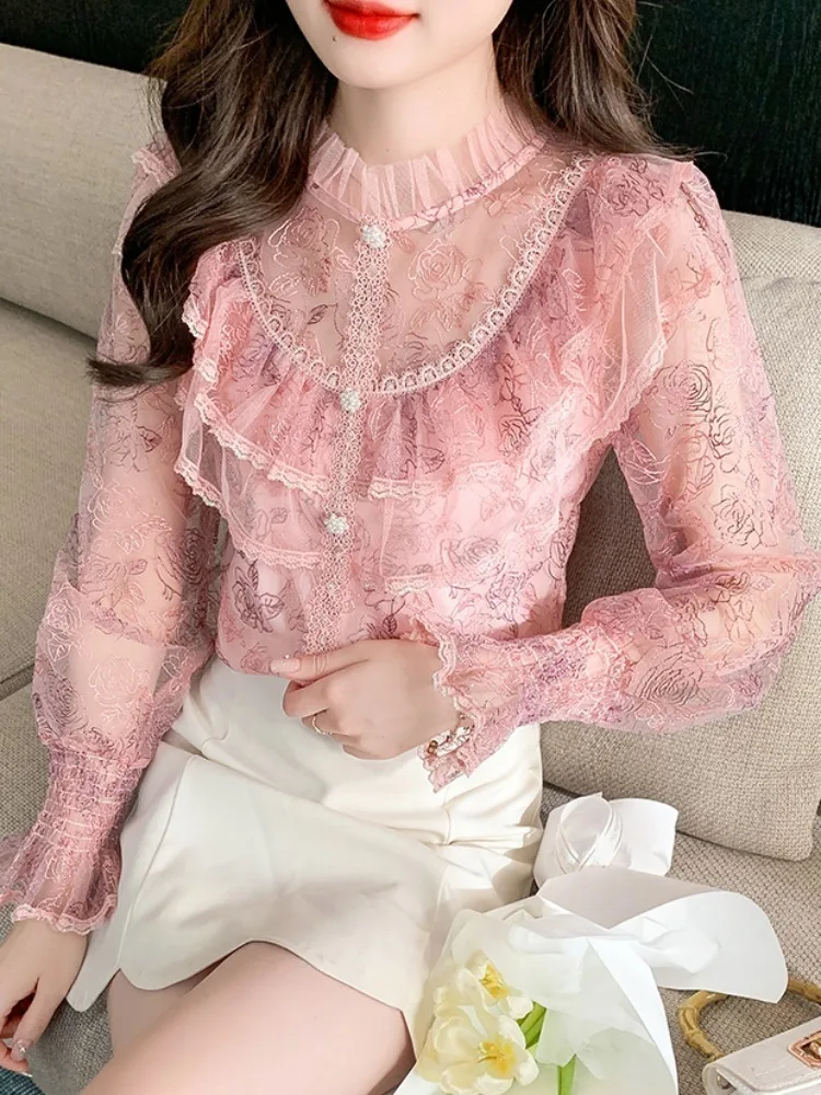 Elegant Lace Pearl Sweet Chiffon Shirt Womens 2024 New Fashion Fairy Blouses Puff Sleeve Rose Print Tops Mujer Blusas