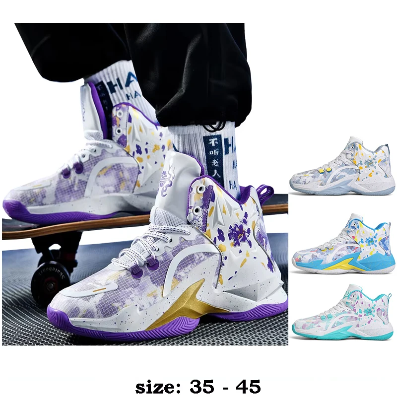

Высококачественная повседневная спортивная обувь с принтом для мужчин, новинка 2025 года, размер 35, 36, 45, модные уличные баскетбольные кроссовки для бега, синие, фиолетовые