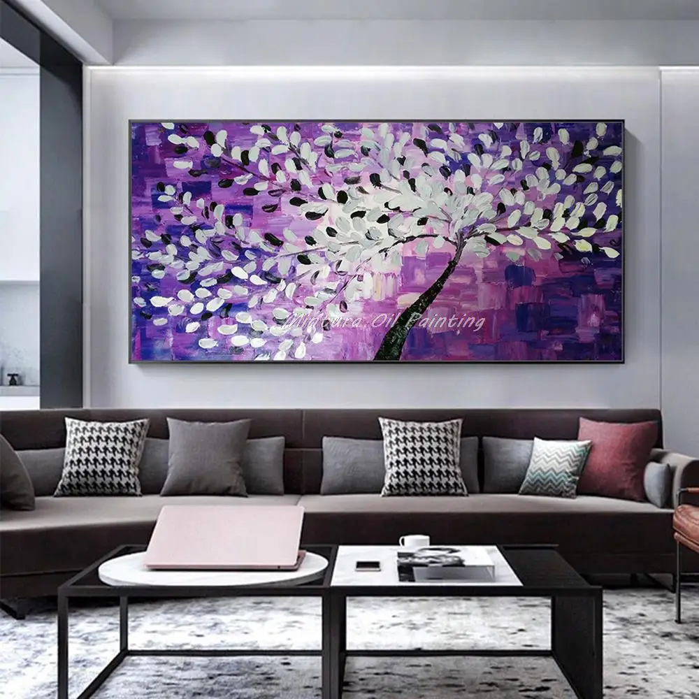 Mintura,Hand-Painted Thick Violet Tree Flowers Oil Painting on Canvas,Wall Art Modern Abstract Picture for Room Home Decoration