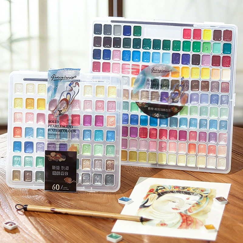 12–180 Farben, perlmuttartige, solide Aquarellfarbe, tragbare, handverpackte Palette zum Malen von Nägeln, Schülern, Schulkunstbedarf