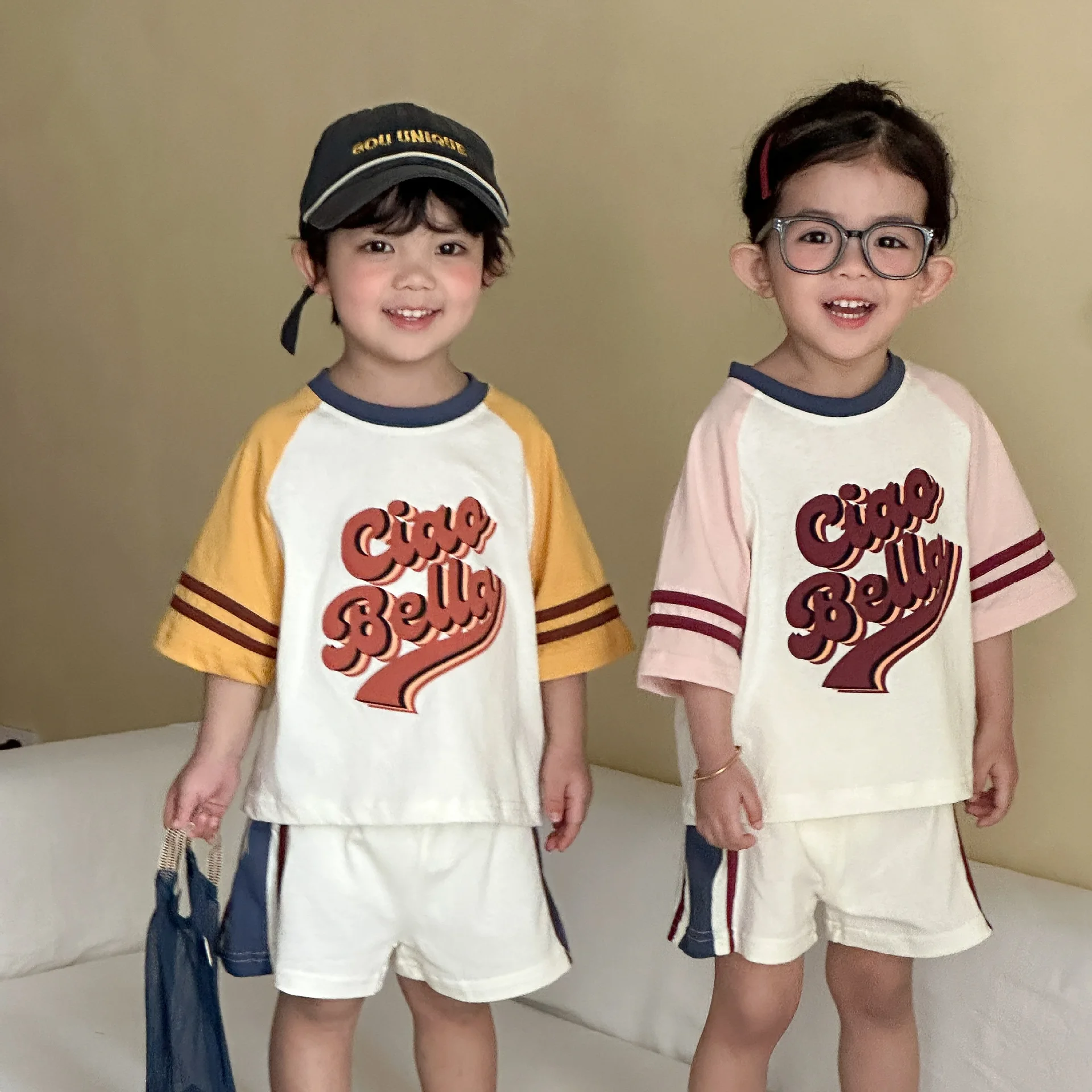 

2026 Summer New Children Loose Casual Sportswear Set Cotton Boys Girls Letter Print T Shirts + Shorts 2pcs Suit Toddler Outfits
