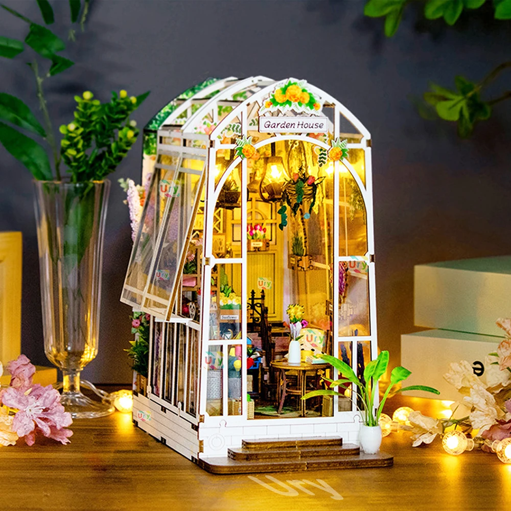 3D Wooden Miniature Greenhouse Book Nook with LED Lighting 6