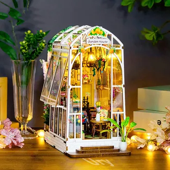3D Wooden Miniature Greenhouse Book Nook with LED Lighting 6