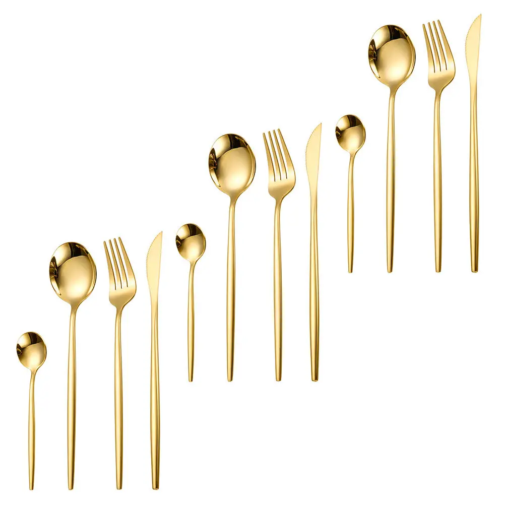 12Pcs Simple Cutlery Set Stainless Steel Flatware Kit Golden Finish Dishwasher Safe Rust Proof Home Tableware Western Food