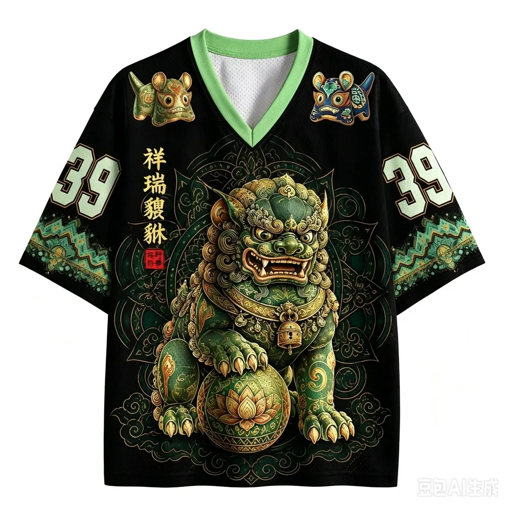Chinese Phoenix Lion  3D Printed Design Men's and Women's Casual V-Neck Loose Breathable T-Shirt - Y2K Street Hip-Hop Sporty Top