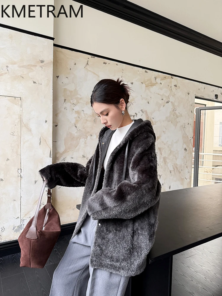 Natural Lagon Wool Sheepskin Double Faced Fur Jacket Woman Luxury Reversible Real Fur Coat with Hood Winter Clothes 2025 шуба