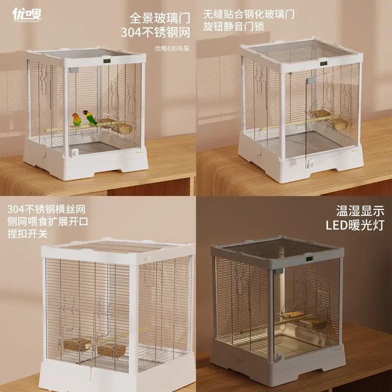 For 430 Glass Bird Cage 304 Stainless Steel Household Parrot Villa Panoramic Transparent Ornamental Peony Wenniao